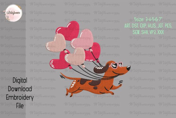 Dachshund with Heart Balloons Embroidery