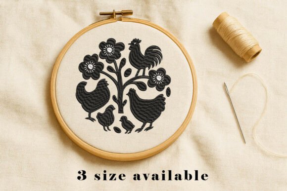 Folk Chicken Floral Embroidery Art