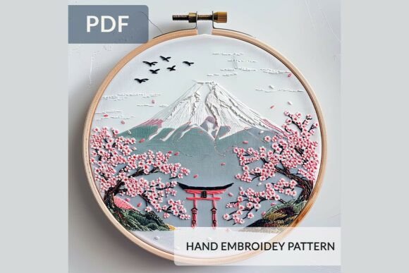 Mount Fuji Cherry Blossom Embroidery